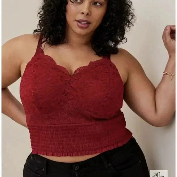 torrid Tops - Torrid Burgundy Smocked Cropped Tank Lace V Neck Summer Feminine Size 3 (22/24)